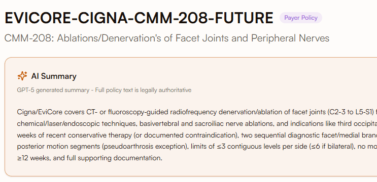 AI-powered policy summary showing coverage criteria and documentation requirements