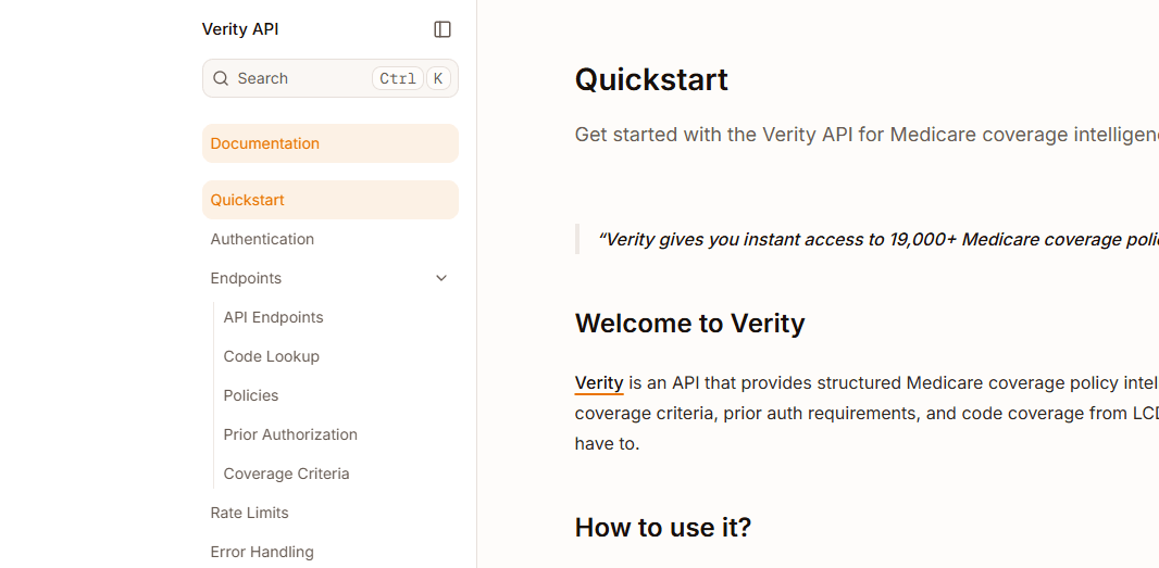 Verity API documentation showing available endpoints