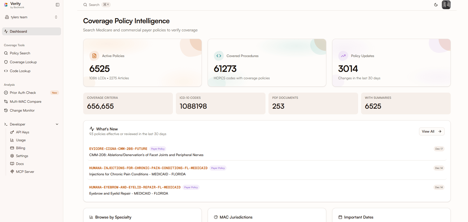 Verity dashboard showing policy search results