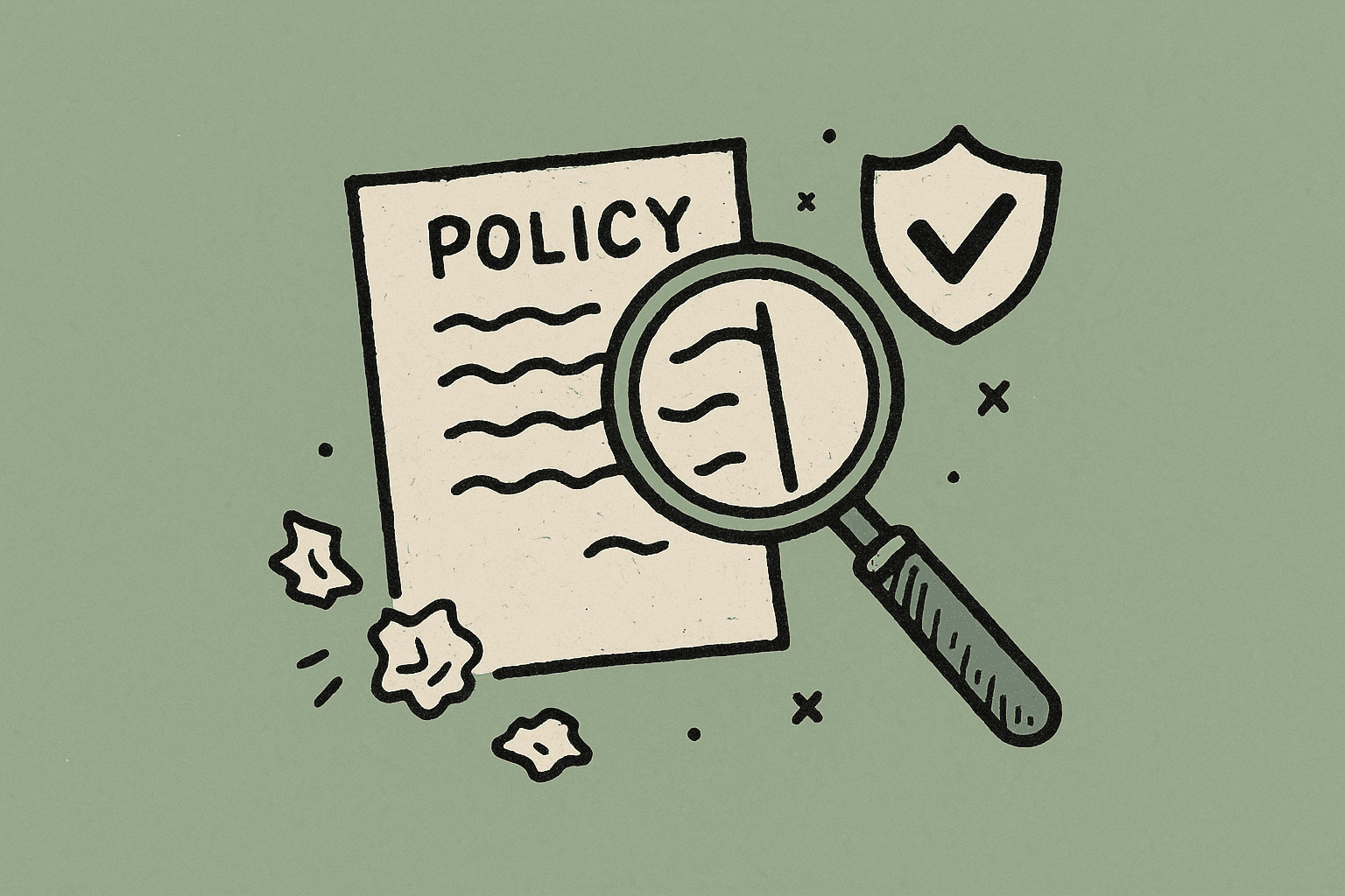 Hand-drawn illustration of a magnifying glass examining a policy document with a checkmark shield beside it