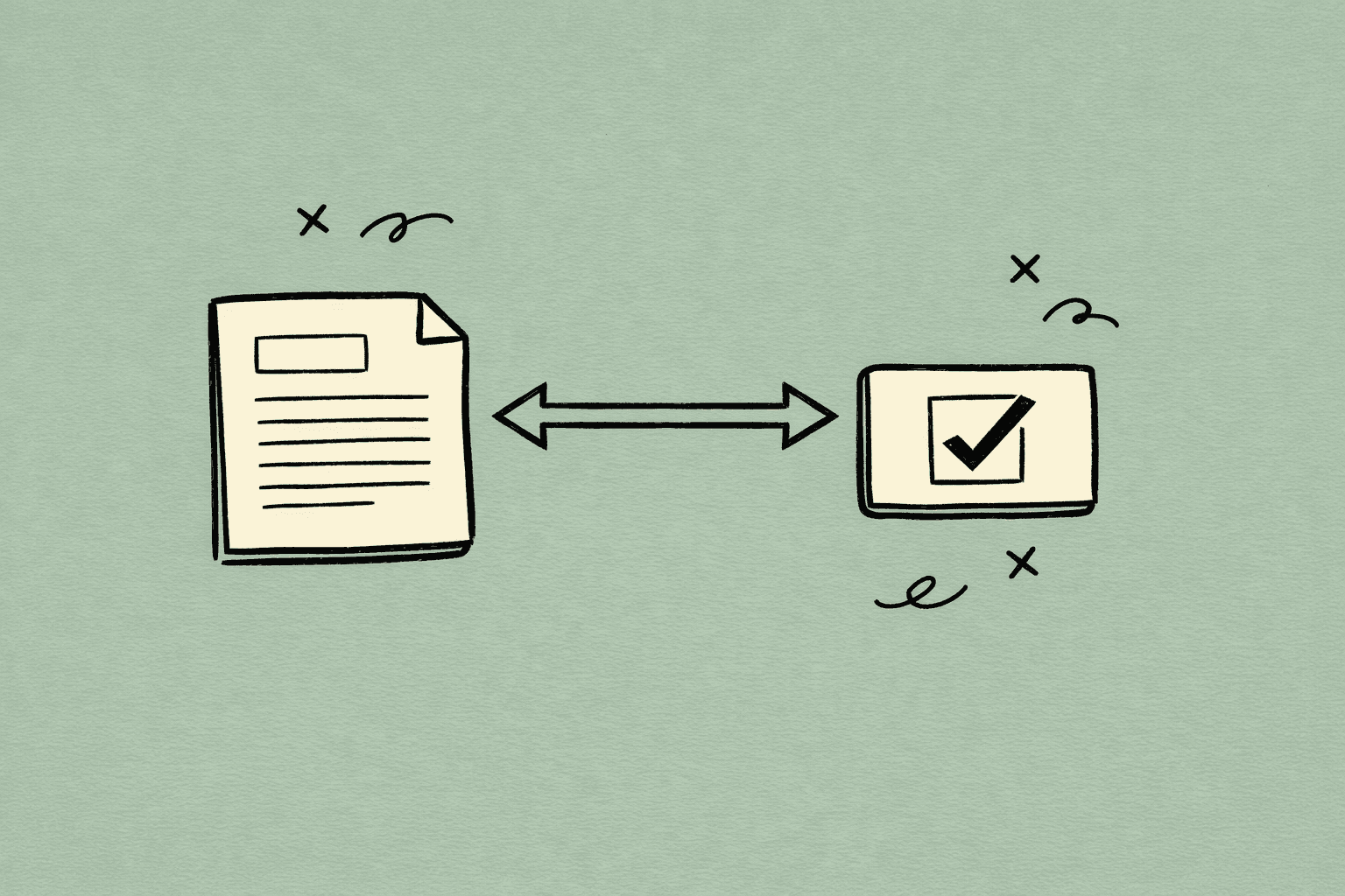 Hand-drawn line-art illustration of a prior-authorization request document connected by a two-way arrow to an approved determination card